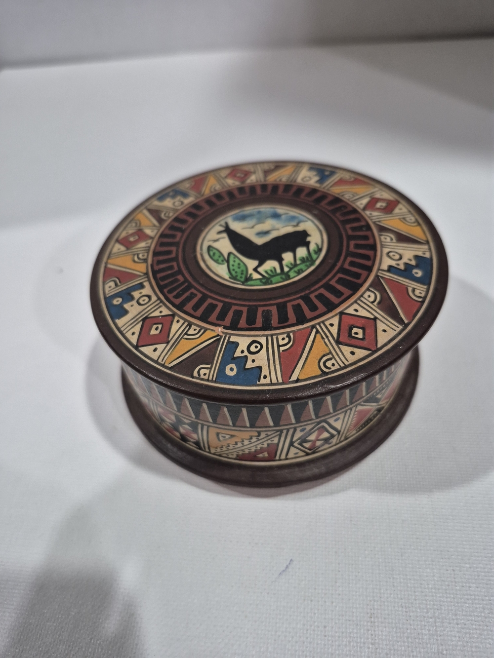 Peruvian Terracotta Clay Hand-Painted Round Decorative Trinket Box - Multicolor